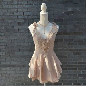 Beige Lace-Trim Romper Dress with Tie Back Boho Festival Free People